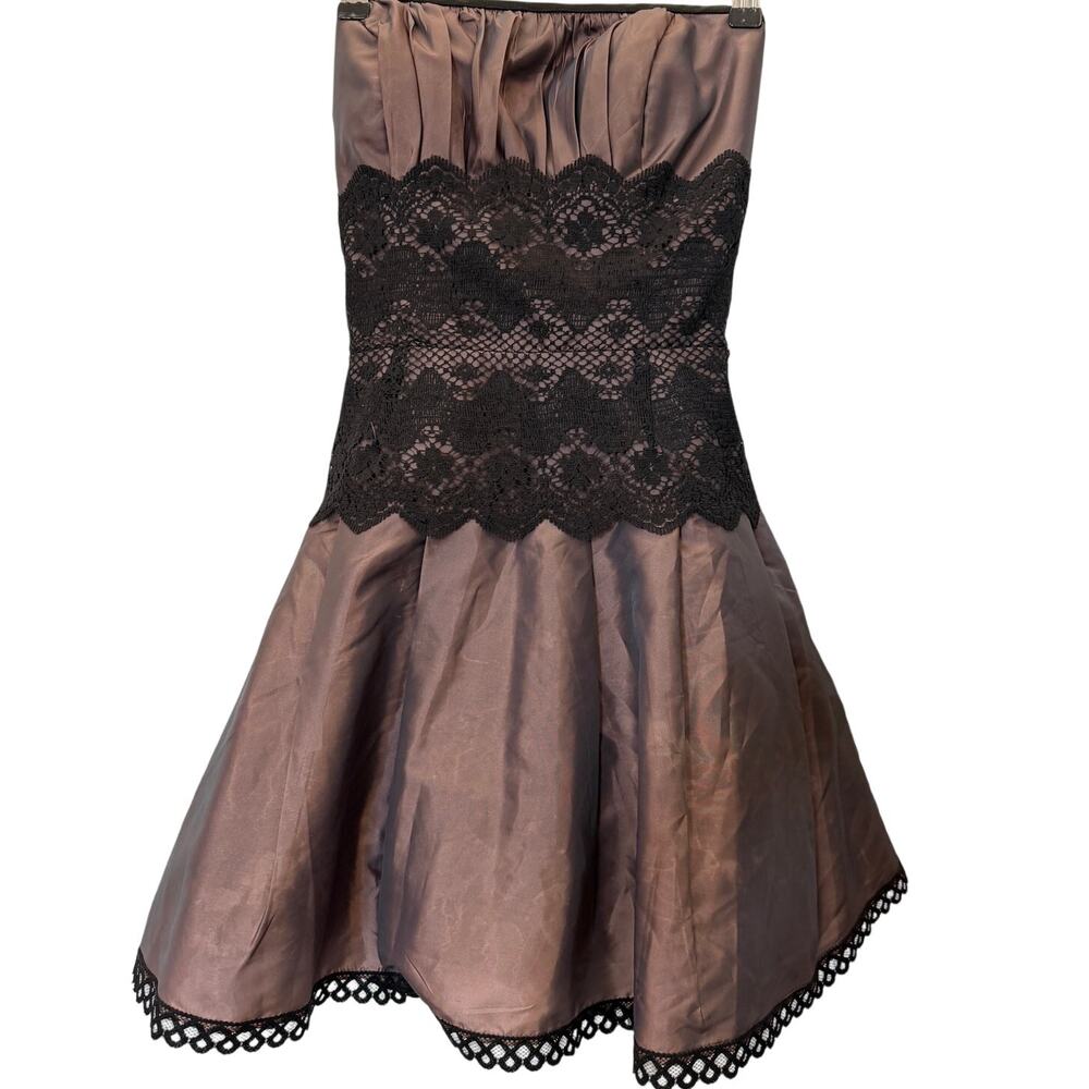 VTG Jessica McClintock Gunne Sax Tafetta Brown Lace Boning Mini Dress Sz 7 Y2K